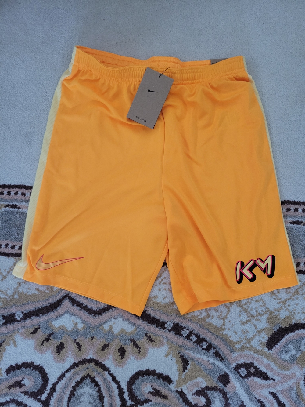 Nike Kylian Mbappe Kids NWT Orange Athletic Shorts with Pale Yellow Side Panels